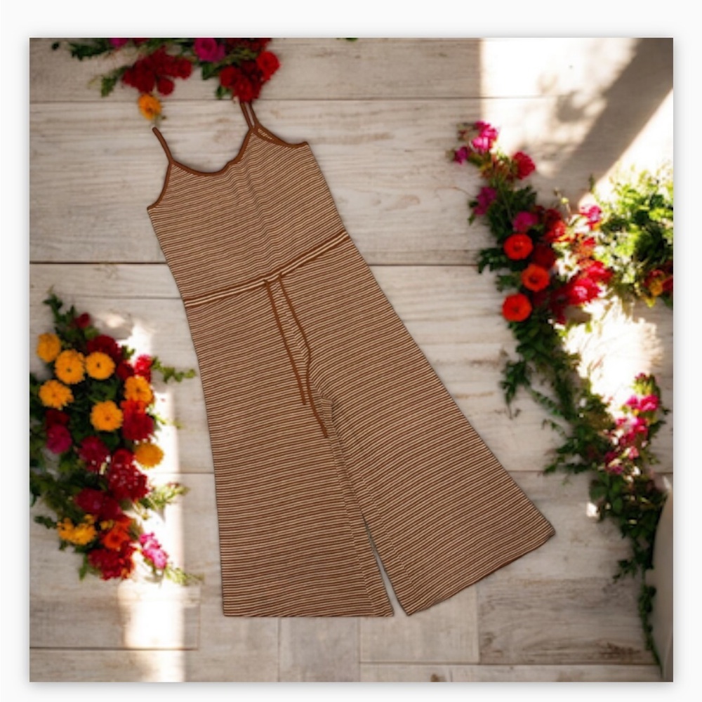 Oak & Fort Soft Knit Rust-Creme Stripe Romper-Wide Leg -EUC -Sz S 🍂​